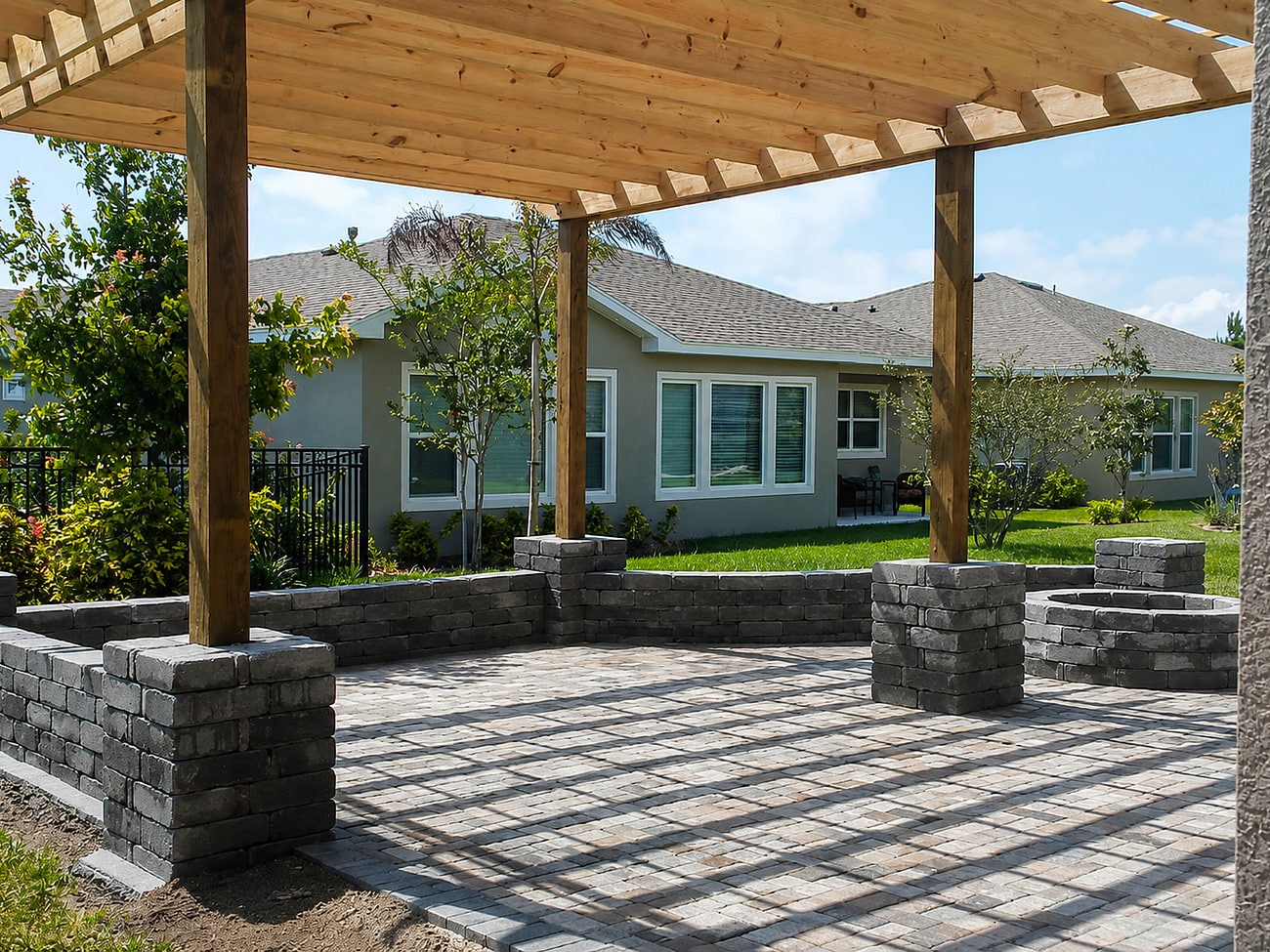 Paver patio with a stacked-stone seat wall and built-in fire pit under a pergola, built by Premier Lawn Care