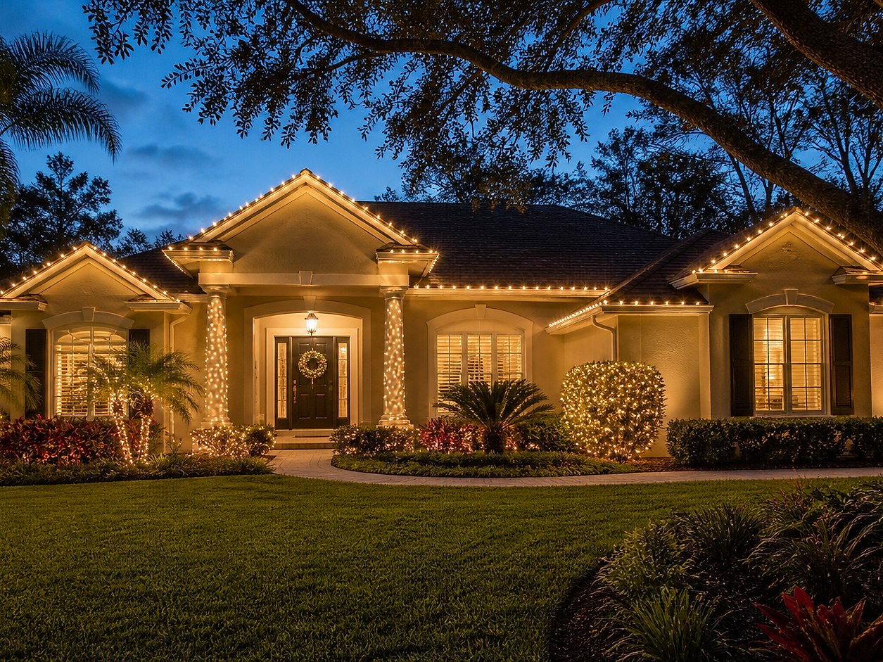 Home with warm white holiday lighting on the roofline, columns, and shrubs, installed by Premier Lawn Care