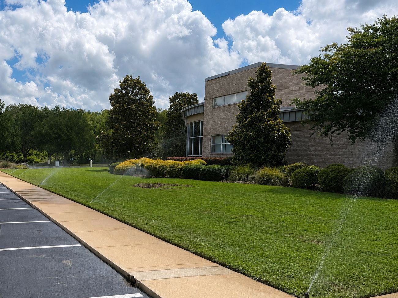 Irrigation sprinkler heads actively watering a lush green lawn