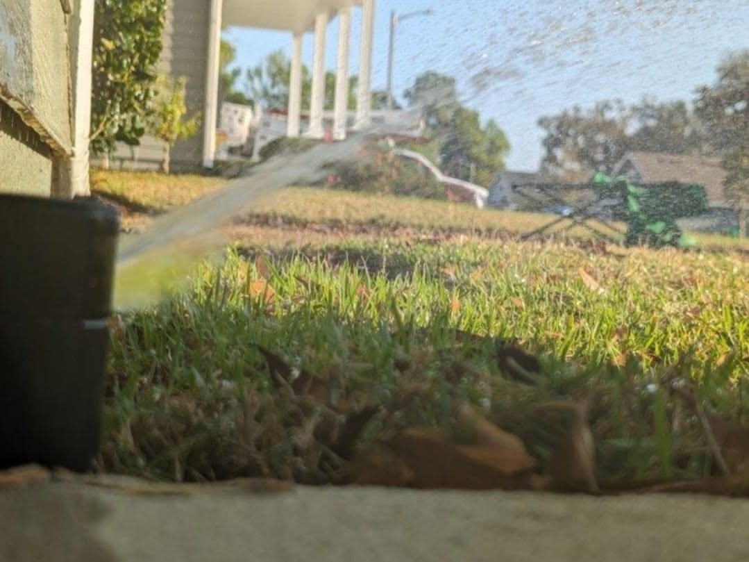 A sprinkler head actively watering a Florida lawn in the morning sun