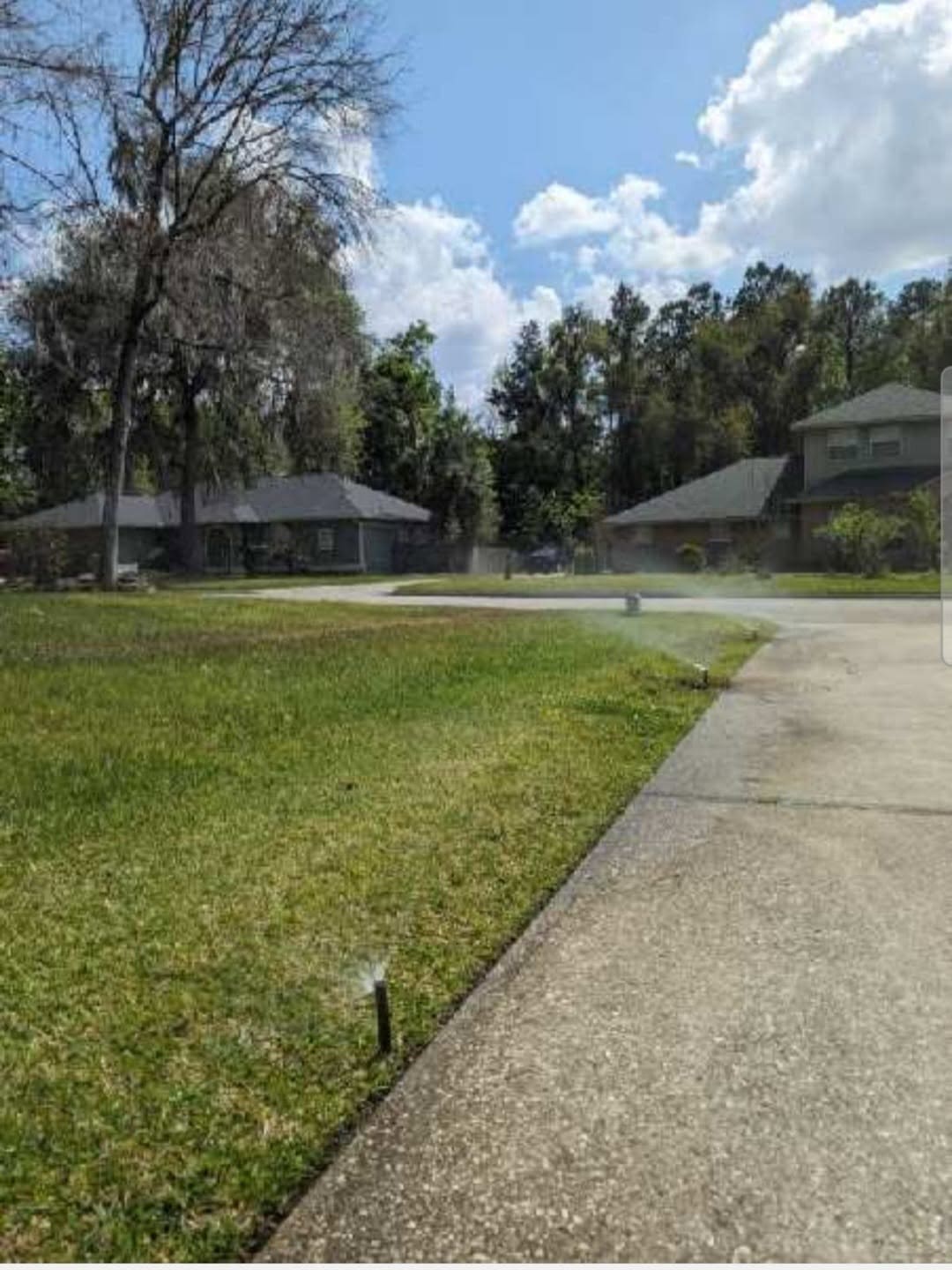 Two irrigation sprinkler heads spraying water across a grassy yard along a driveway