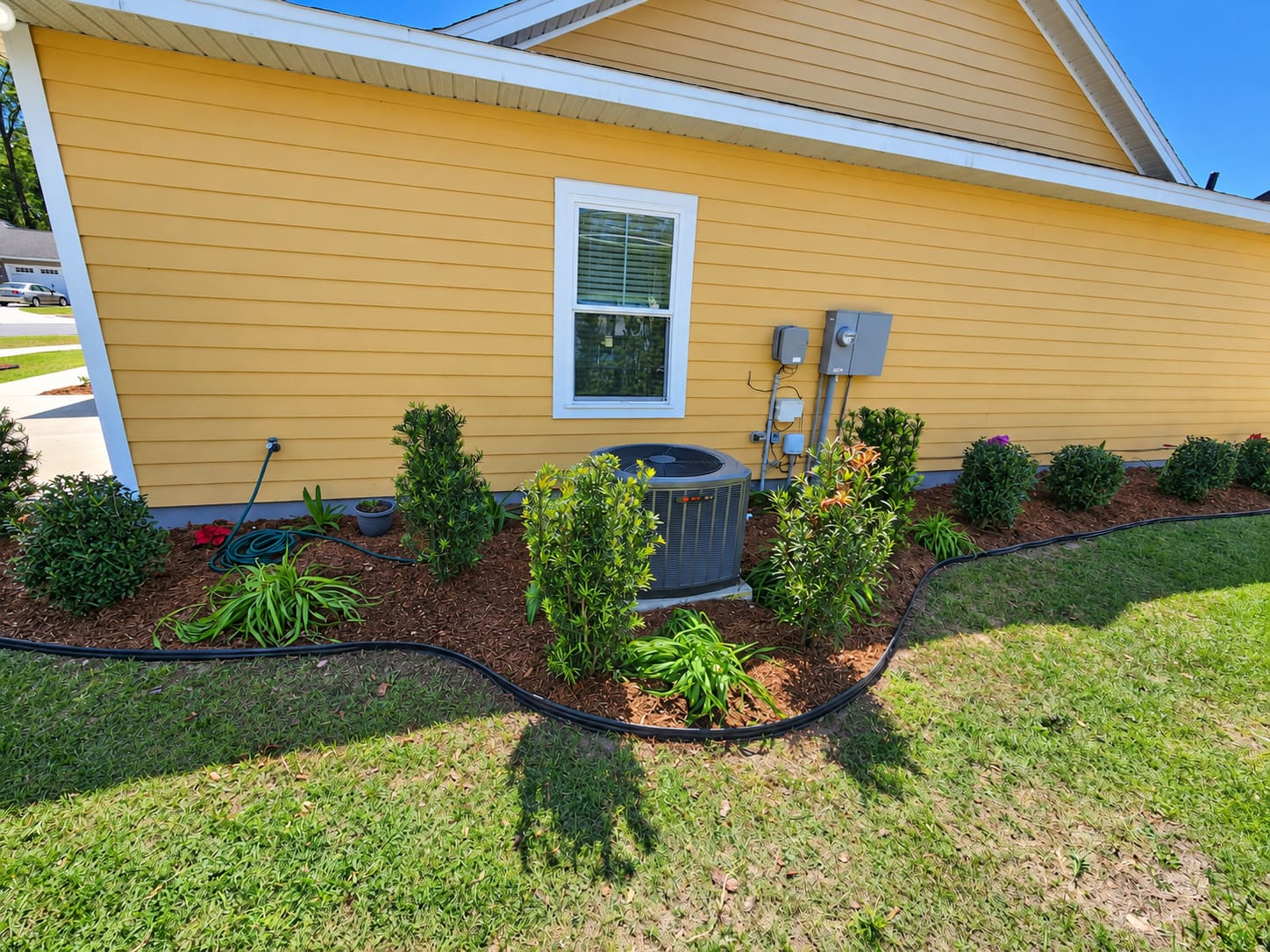 A mulch planting bed with shrubs and drip irrigation around an outdoor AC unit