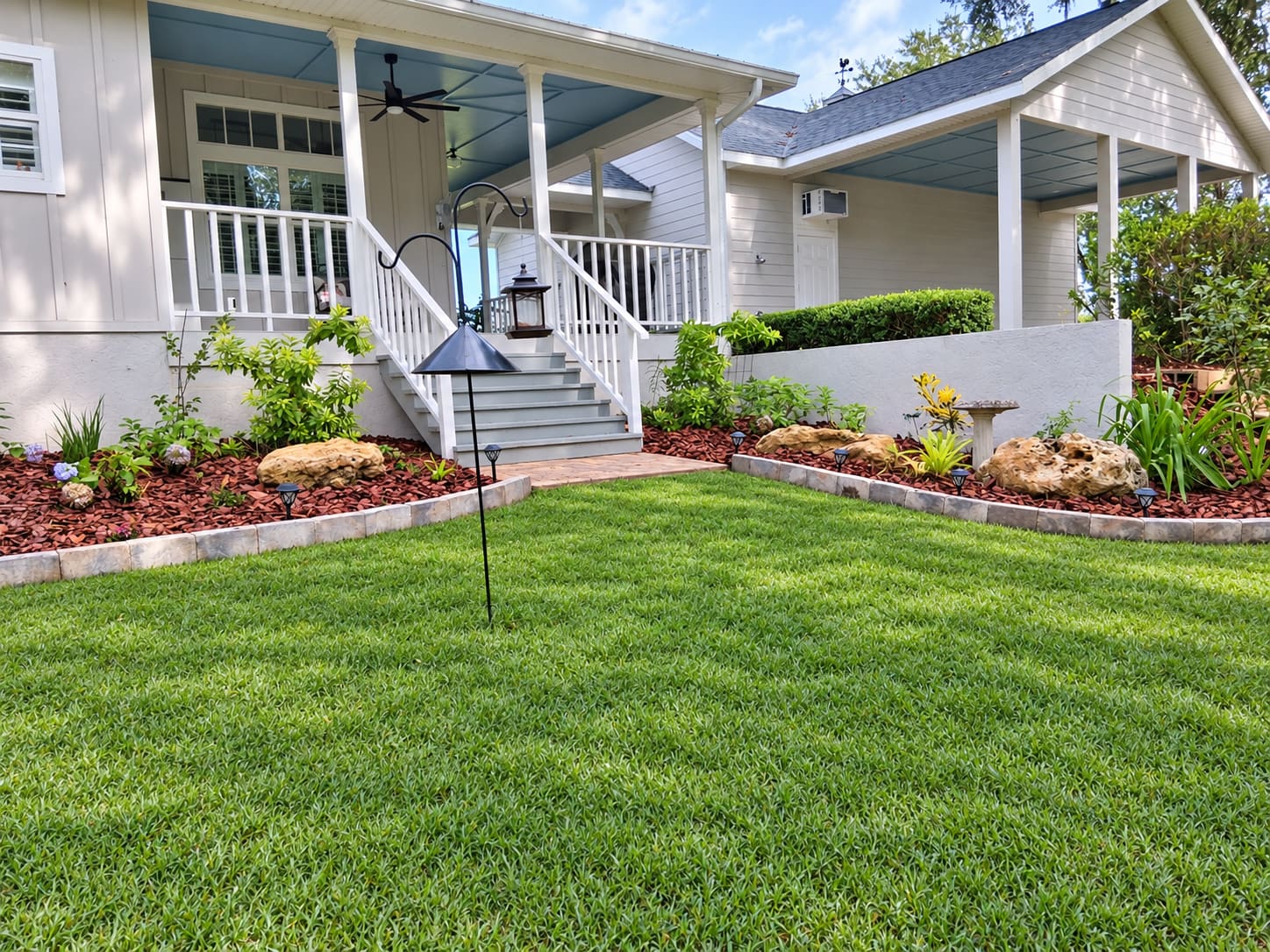 A planting bed with boulder accents along front entry steps