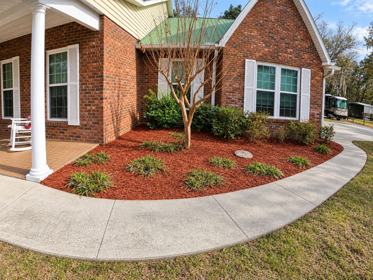 A mulch bed with a crape myrtle tree at the corner of a brick house