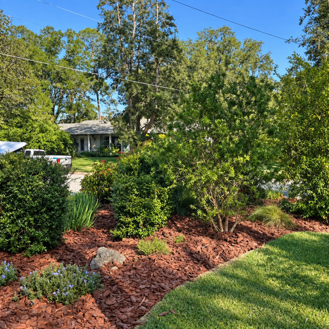 A planting bed with mixed shrubs in a front yard
