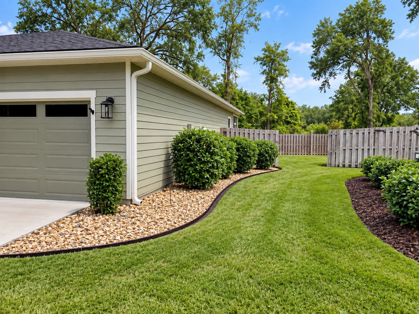 A river rock planting bed along the side of a garage