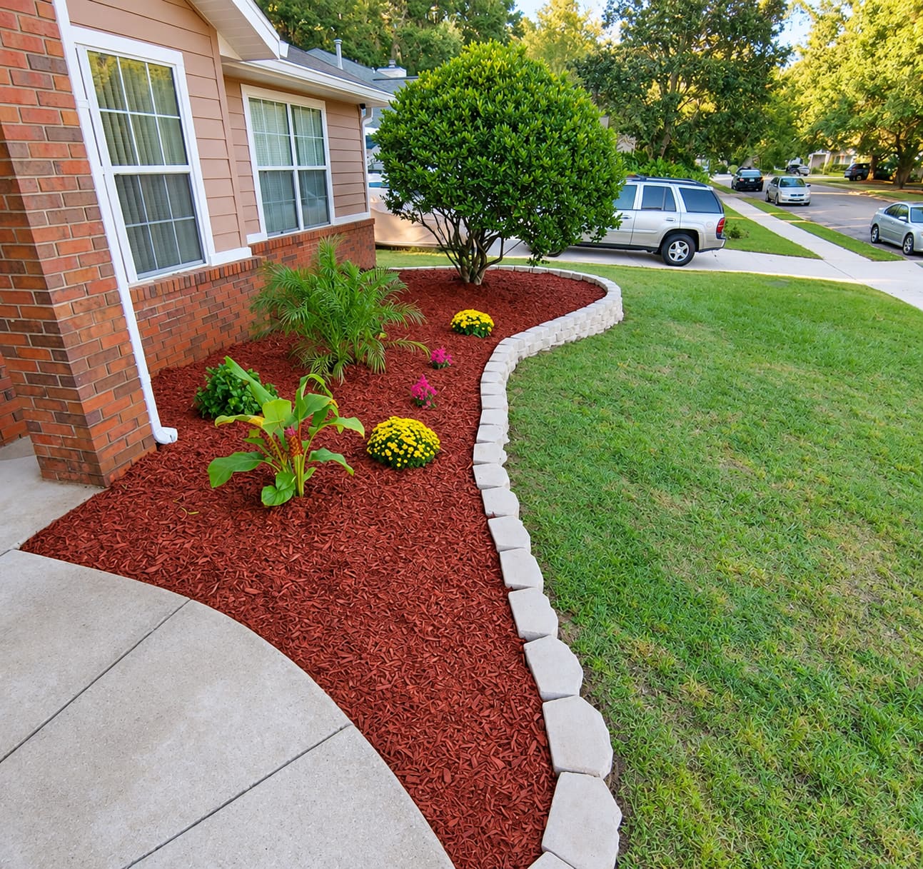 A close-up of a river rock planting bed with shrubs