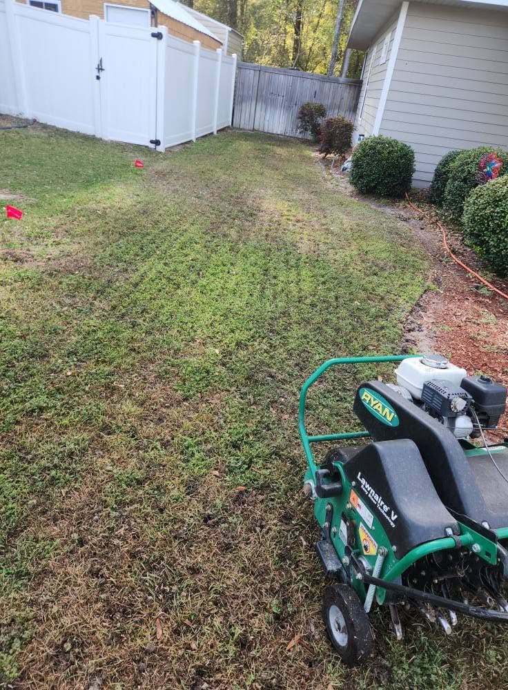 A fenced backyard lawn with an aeration machine and visible aeration plugs