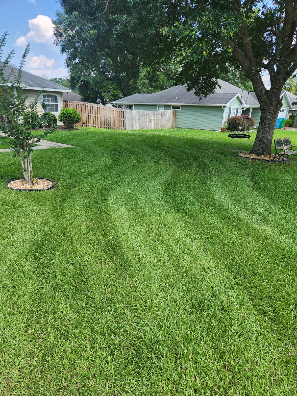 A striped, freshly mowed backyard lawn with mature trees