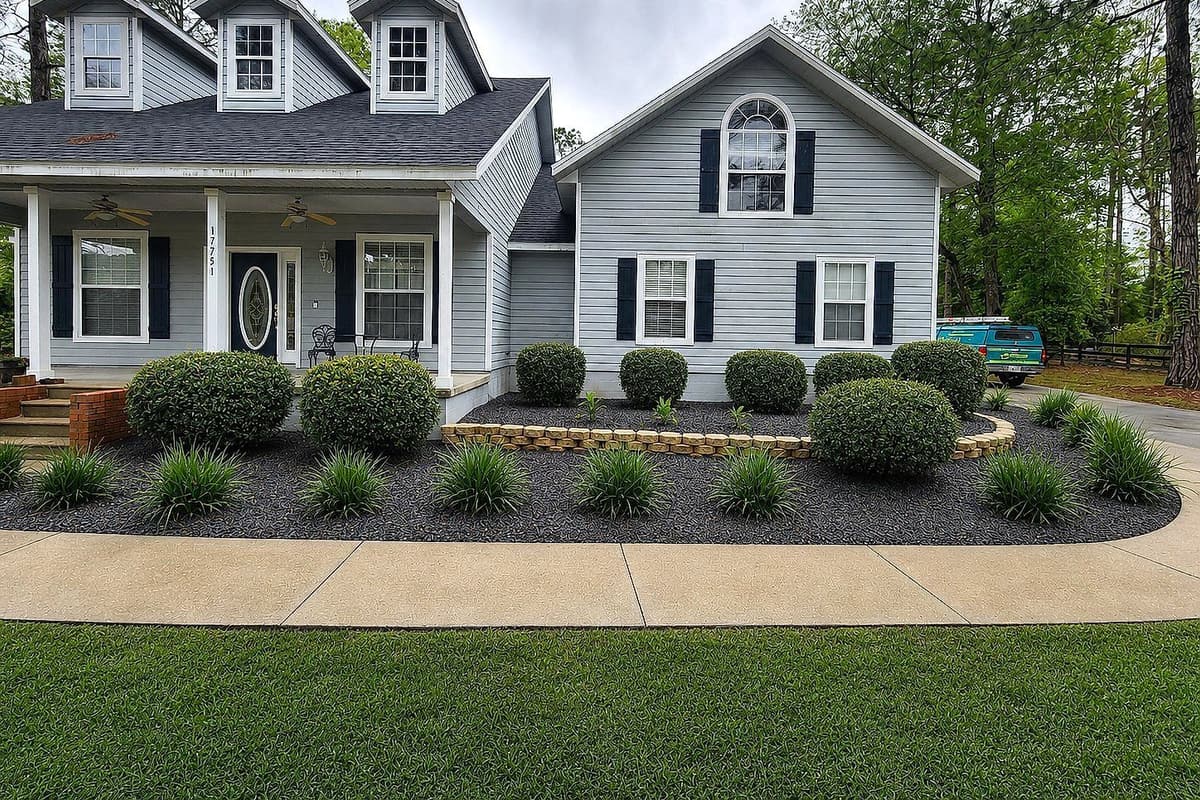 Finished landscape design and installation by Premier Lawn Care: trimmed shrubs, fresh mulch beds, and a stone border