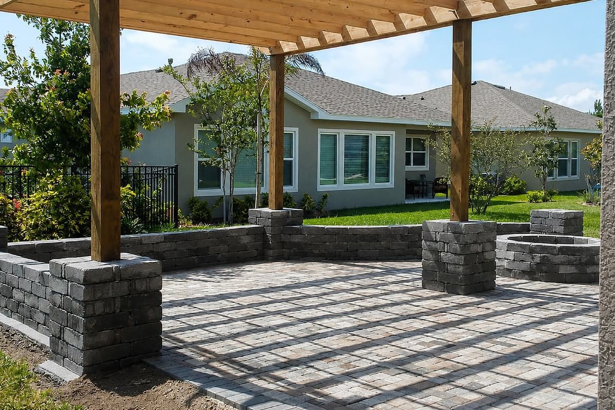 Paver patio with a stacked-stone seat wall and built-in fire pit under a pergola, built by Premier Lawn Care