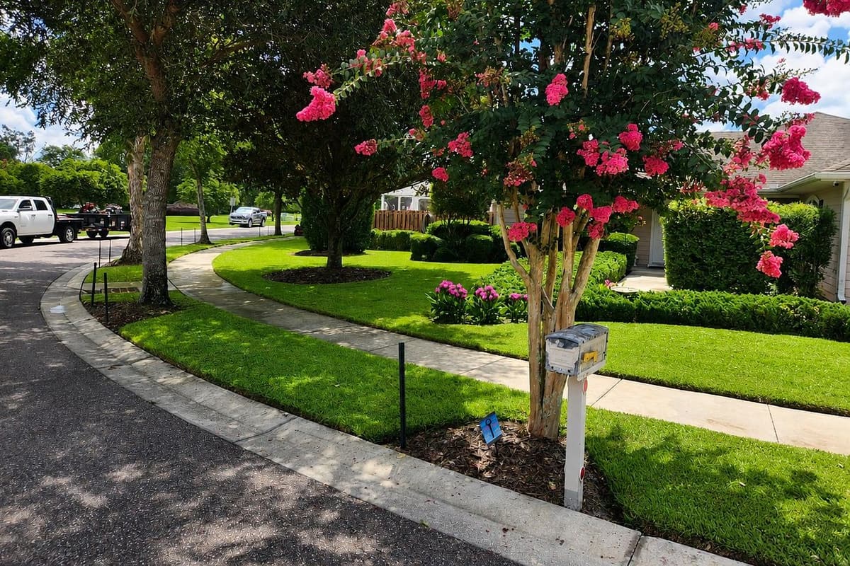 A well-maintained landscaped front yard with a flowering crepe myrtle, edged beds, and a freshly mowed lawn