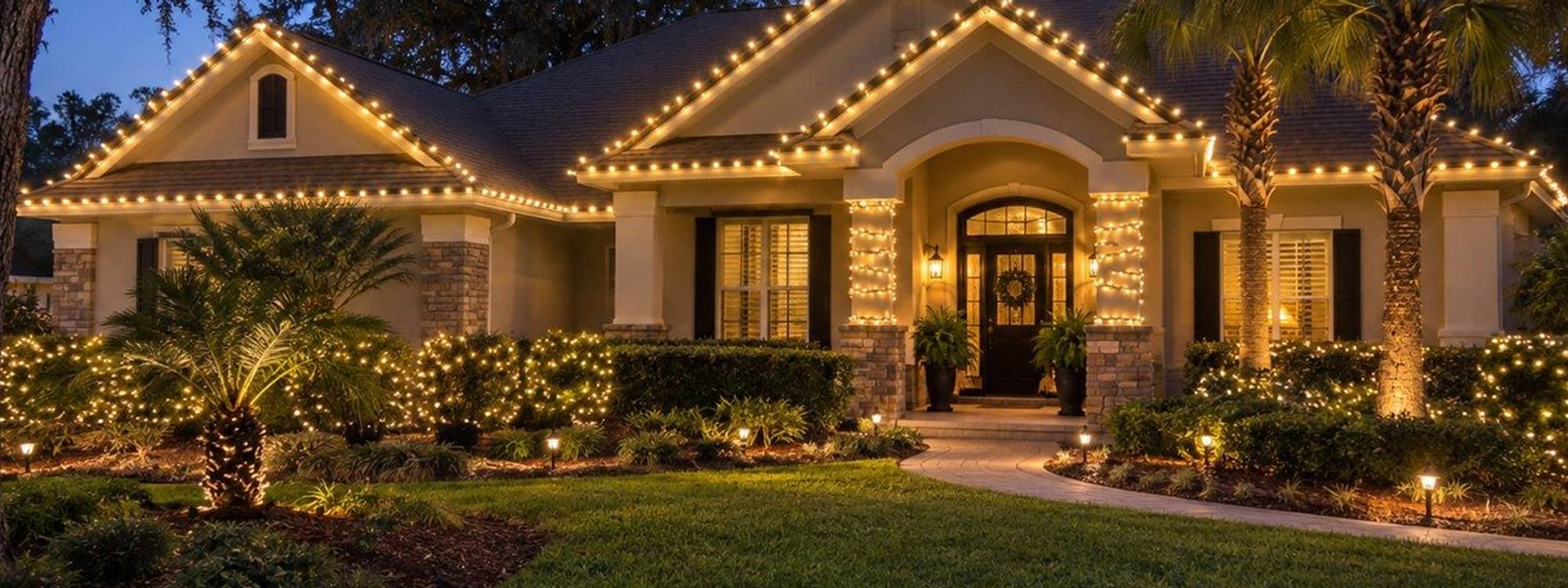 Home outlined with warm-white seasonal lights along rooflines, columns, and shrubs