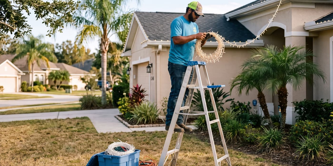 Installer placing warm-white seasonal lights along a home's roofline