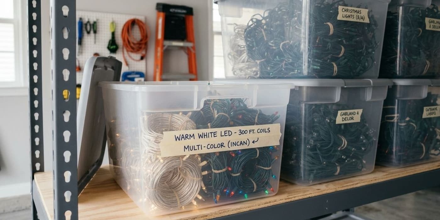 Labeled storage bins holding warm-white and multicolor seasonal lights